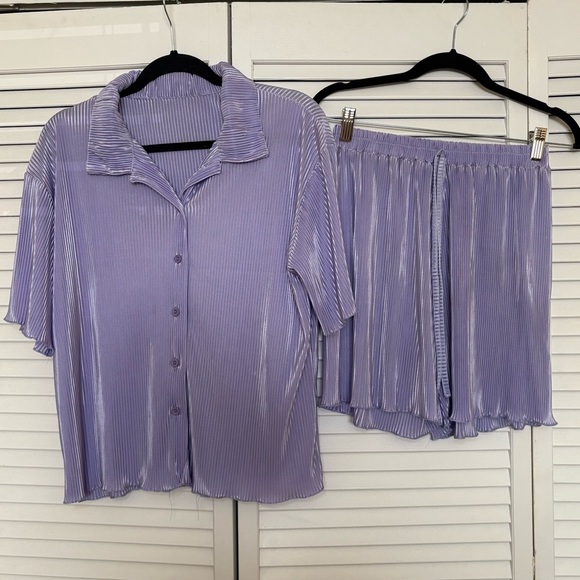 Tops - Purple Pleated Shirt and Shorts Set